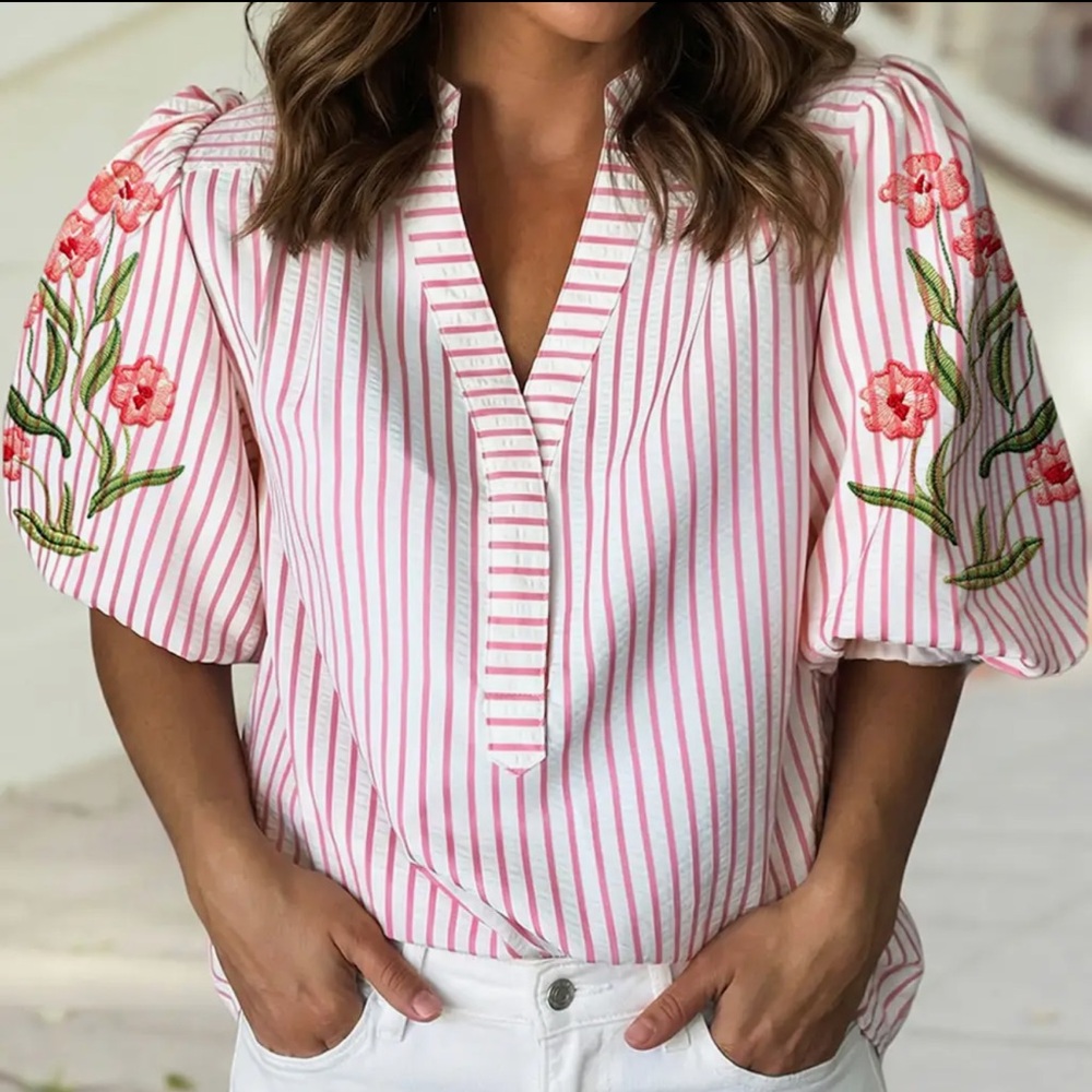Striped Pink Embroidered Puff Sleeve Top - Women